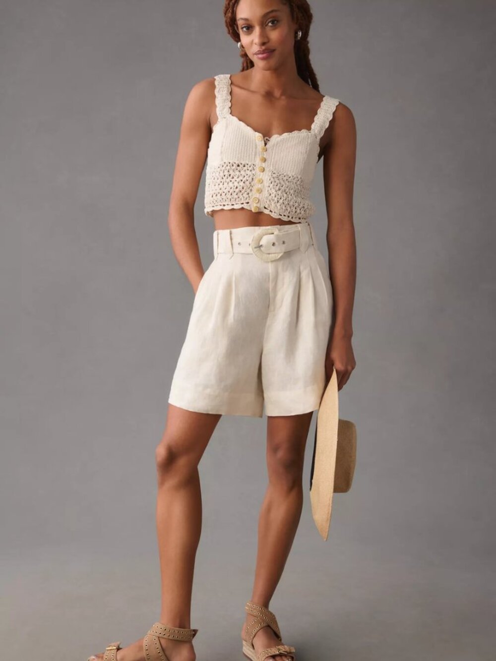 Farm Rio Tailored Linen Belted Shorts Ivory High Rise Size M New With Tags $145 - Picture 3 of 17